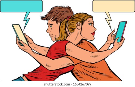 A couple of young men and a girl with smartphones. Pop art retro vector illustration 50s 60s style