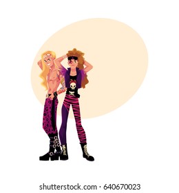 Couple of young men, guys dressed as glam rock stars, cartoon vector illustration with space for text. Full length portrait of two young people dressed as glam rock stars, leather, army boots