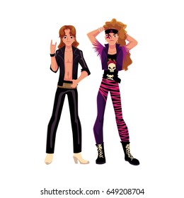 Couple Of Young Men, Guys Dressed As Glam Rock Stars, Cartoon Vector Illustration Isolated On White Background. Full Length Portrait Of Two Young People Dressed As Glam Rock Stars, Leather, Army Boots