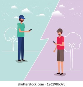 couple of young men using smartphone
