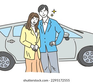 A couple of young men and women cuddling in front of a car
