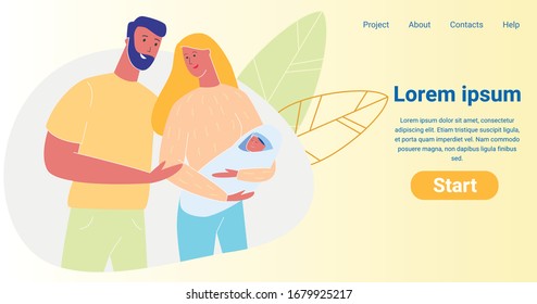 Couple of Young Parents Holding Newborn Baby on Hands, Father and Mother Caring of Little Child, Maternity, Fatherhood, Parenting, Loving Relations. Cartoon Flat Vector Illustration, Horizontal Banner