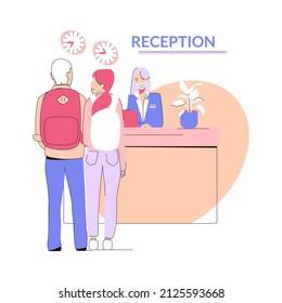 A couple of young people with backpacks check into the hotel. Travel after the pandemic. Vector illustration on a beige background.