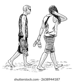 Couple young people barefoot walking on beach, realistic hand drawn vector illustration