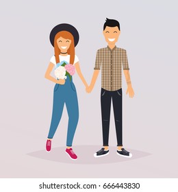 Couple of young people. Cartoon character romantic couple. Girl, boy icon. Flat design modern vector illustration concept.