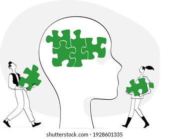 Couple of young people completing a puzzle inside human head