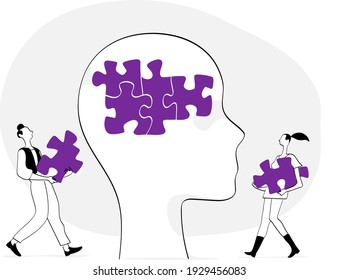 Couple of young people completing a puzzle inside human head