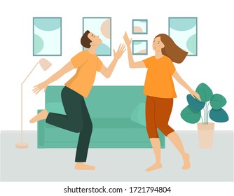 A couple of young people are dancing in the living room. A man and a woman spend fun time together at home. Interior of the room in green shades, furniture, sofa, flower, paintings. Flat vector.