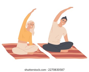 Couple of young people do exercises at home.