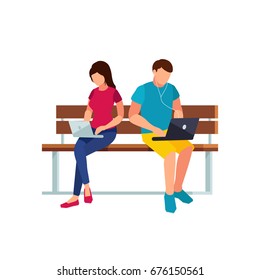 Couple of young people in a flat style of sitting on the bench. Man and woman reading with a tablet pc and a laptop. Couple people isolated on white background. Vector illustration.