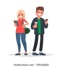 Couple Of Young People With Gadgets. A Man With A Phone And A Woman With A Tablet. Vector Illustration In A Flat Style