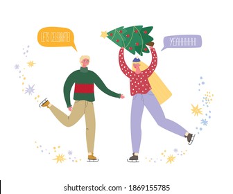 
Couple of young people get ready to celebrate Christmas and New Year, people go ice skating, let's celebrate Christmas, preparation for winter holidays
