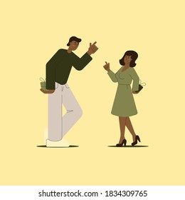 Couple of young people, a guy and a girl are holding gifts behind their backs to give them simultaneously on the count of three. Flat vector illustration for holidays.