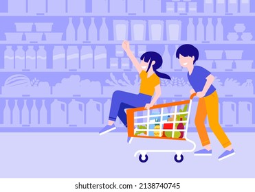 Couple of young people have fun in supermarket carrying a girl on shopping cart by a man flat cartoon illustration