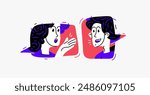 Couple of young people having conversation online via messenger, vector illustration of two people arguing and having communication, debate online speech boxes.