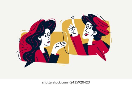 Couple of young people having conversation online via messenger, vector illustration of two people arguing and having communication, debate online speech boxes.