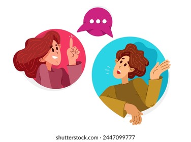 Couple of young people having conversation online via messenger, vector illustration of two people arguing and having communication, debate online speech boxes.