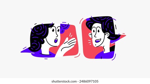 Couple of young people having conversation online via messenger, vector illustration of two people arguing and having communication, debate online speech boxes.