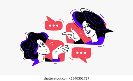 Couple of young people having conversation online via messenger, vector illustration of two people arguing and having communication, debate online speech boxes.