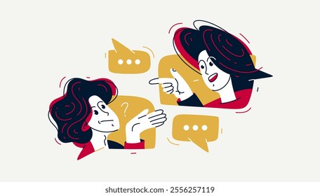 Couple of young people having conversation online via messenger, vector illustration of two people arguing and having communication, debate online speech boxes.