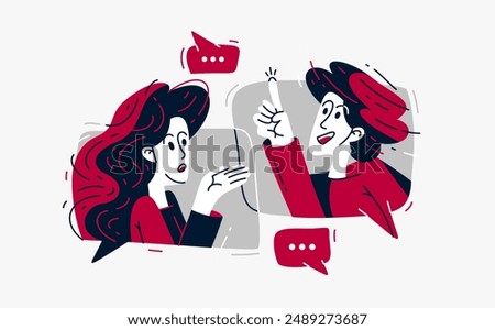 Couple of young people having conversation online via messenger, vector illustration of two people arguing and having communication, debate online speech boxes.