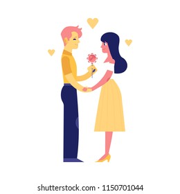 Couple of young people having date surrounded by heart shapes isolated on white background. Boy giving girl red flower on romantic encounter - flat vector illustration of love and relationships.