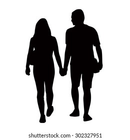 Couple of young people holding hands. Vector silhouettes