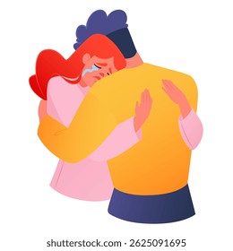 Uns jovens se abraçando. Garota calmante que está chateada com as lágrimas. O caráter da menina e o cara estão se abraçando ternamente. O conceito de apoio mútuo, ajuda em situações difíceis