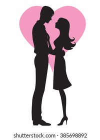 couple of young people hugging on heart background, vector illustration, Valentine's day