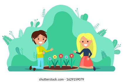 Couple of young people kneeling on lawn planting flowers. Man and woman working in garden together. Horticulture and floriculture, garden tillage vector