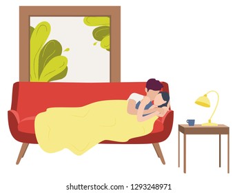 Couple of young people in love lying on a sofa and enjoying communication each other. Vector hand drawn illustration.