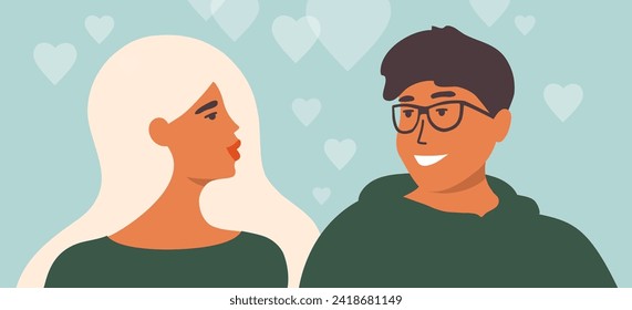 Couple of young people in love. Male and female character look loving at each other. Man and woman together. Happy lovers romantic relationship. Valentine's day, feelings, heart vector illustration