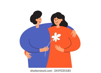 Couple of young people in love. Man hugging woman giving her flower. Happy lovers romantic date. Embrace of male and female. Valentine's day, relationship vector illustration. Boy and girl together