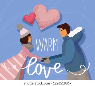 a couple young people in love. Warm love hand drawn calligraphy letters. Valentines day card vector flat illustration