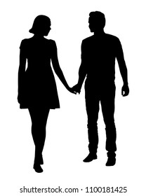 A couple of young people - man and woman holding hands, vector isolated on white background