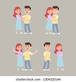 Couple of young people. Man and woman hold hands. Vector illustration in a flat style. Set of characters.