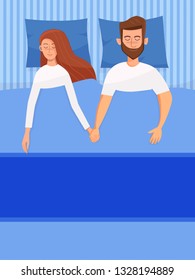 Couple Of Young People. Man And Woman Sleeping In The Bed In The Dark. Vector Character Illustration In A Flat Style