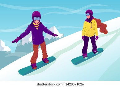 Couple of young people, man and woman, are snowboarding on a mountain on sunny winter day. Flat style stock vector illustration.
