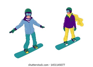 Couple of young people, man and woman, are snowboarding. Flat style stock vector illustration.
