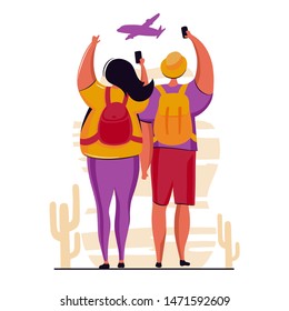 Couple of young people, man and woman with backpacks on holiday trip.Taking a photo with a phone camera.Travel and vacation concept nature background.Vector illustration with flat cartoon characters.