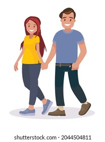 Couple of young people. Man and woman hold hands on a white background. Vector illustration in a flat style