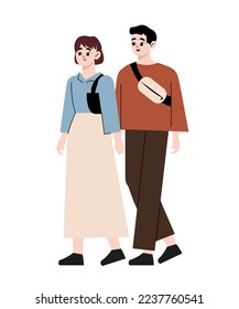 Couple of young people. Man and woman hold hands on a white background. Vector illustration in a flat style