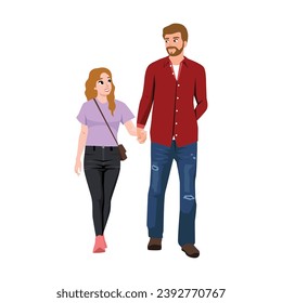 Couple of young people. Man and woman hold hands. Petite girl and tall man. Flat vector illustration isolated on white background