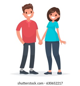 Couple of young people. Man and woman hold hands on a white background. Vector illustration in a flat style