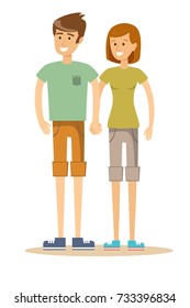 Couple of young people. Man and woman hold hands on a white background. Vector illustration in a flat style