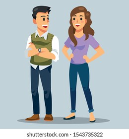 Couple of young people. Men and women standing and talking. Vector illustration in a flat style.
