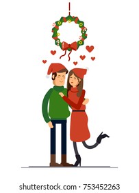 Couple of young people on Christmas Day kissing under the mistletoe wreath. Husband and wife celebrate winter holiday. Young family standing together holding each other. Vector illustration
