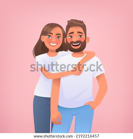 Couple of young people on a pink background. Portrait of happy man and woman embracing. The concept of love and relationships. Valentine  Day. Vector illustration in cartoon style