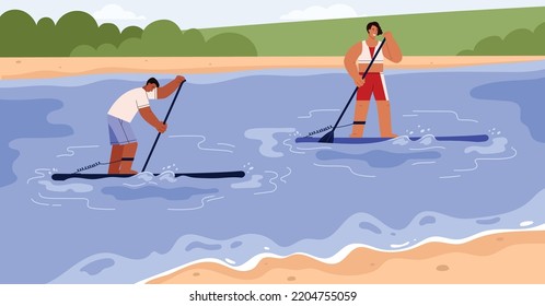 Couple of young people paddling on stand up paddle board. Summer river landscape with man and a woman floating on surfboard or sup board, flat cartoon vector illustration.