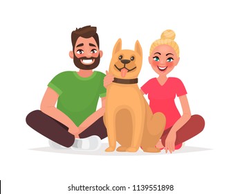 Couple of young people with a pet. Husband and wife with a dog. Vector illustration in cartoon style